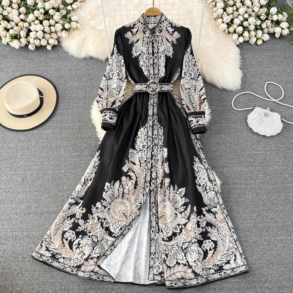 Women Vintage Long Dress Fashion Print A-line Ruffled Elegant Floral Party Dresses Ladies Long Sleeve Casual Long Robe Vestidos 21 Women Vintage Long Dress Fashion Print A-line Ruffled Elegant Floral Party Dresses Ladies Long Sleeve Casual Long Robe Vestidos