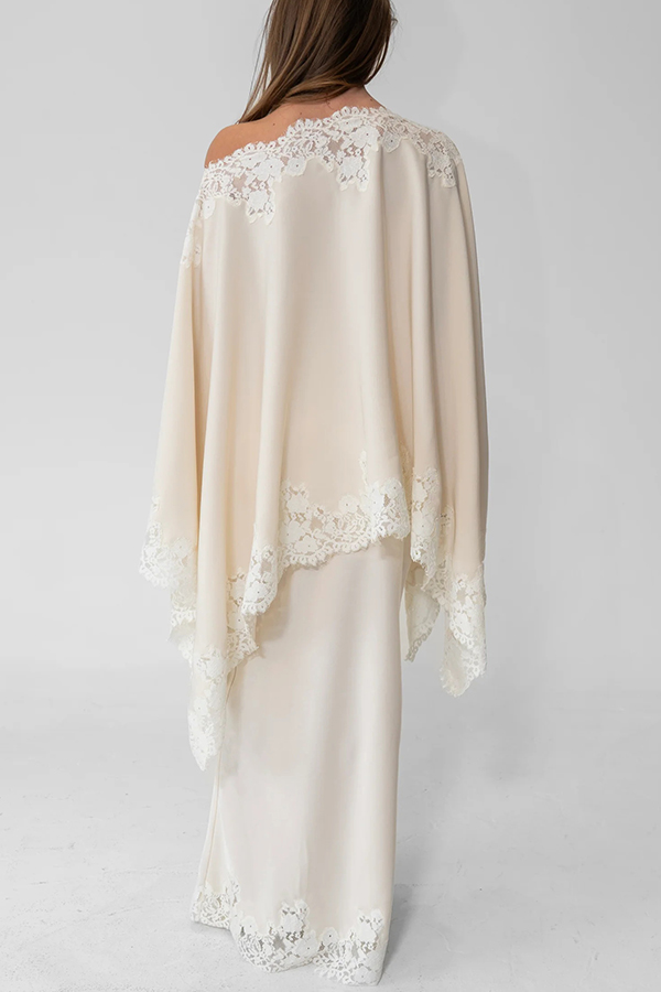 Like A Swan Satin Lace Trim High Rise Elastic Waist Drape Maxi Skirt