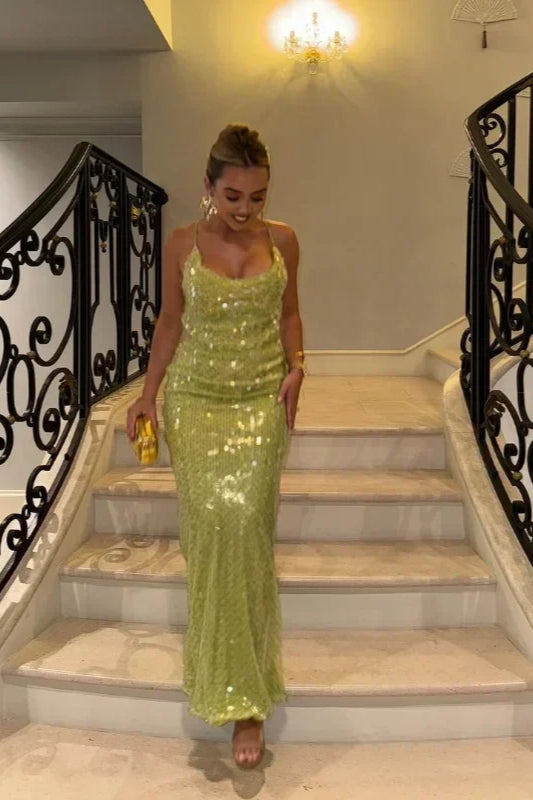 Plunge V Neck Spaghetti Strap Sheer Sequin Overlay Backless Maxi Dress