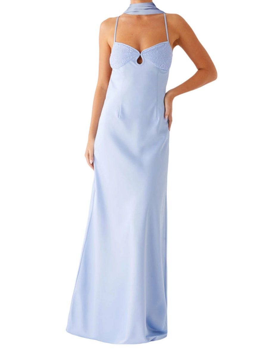 V-neck, Tie-up, Backless Satin Maxi Dress With A Resort Style