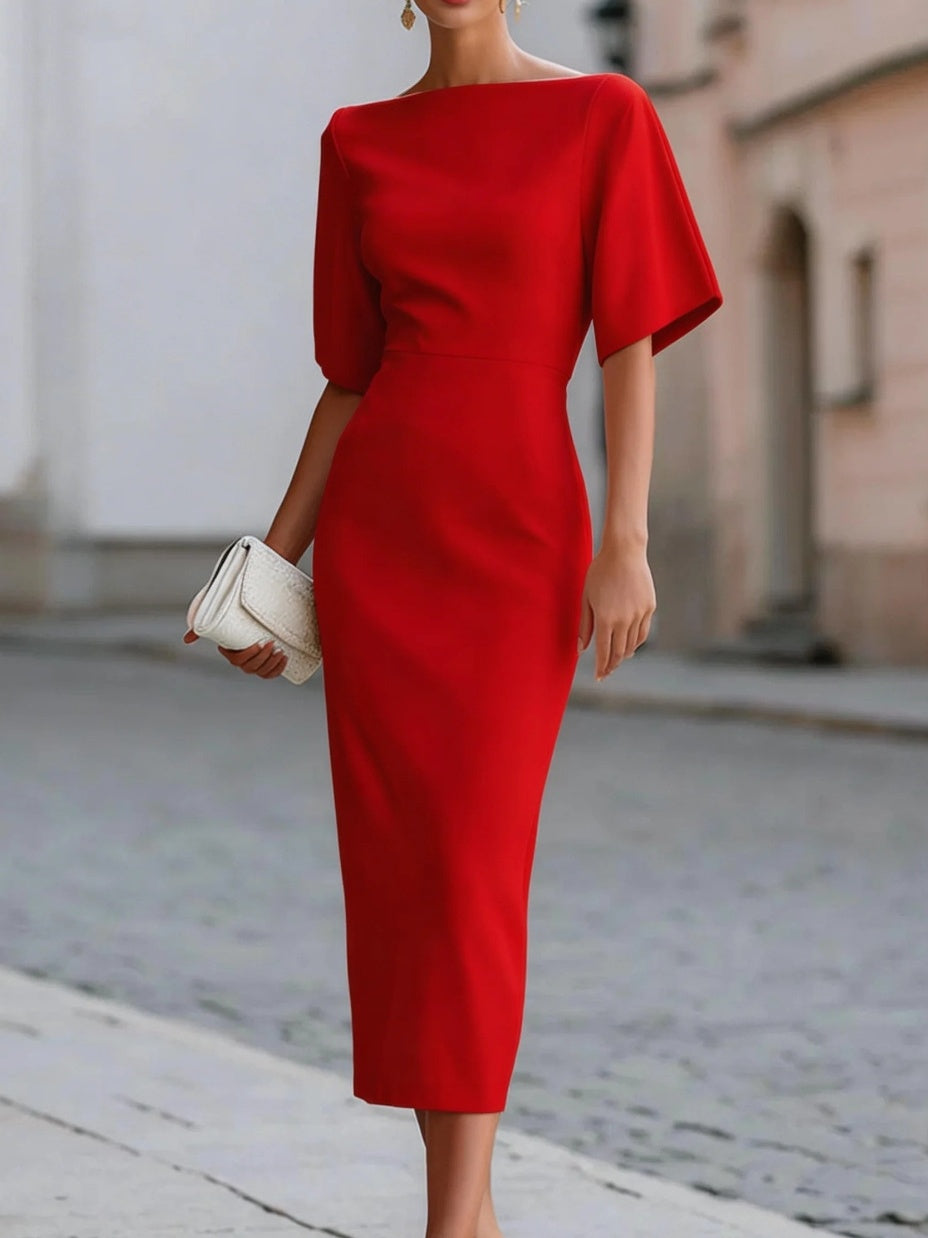Solid Color Short-sleeved Fitted Waist Midi Dress
