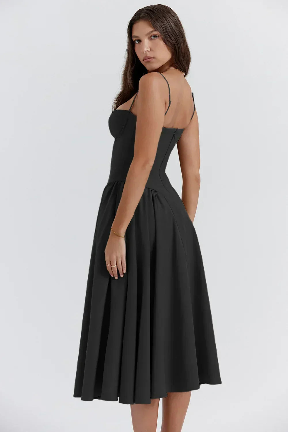 Bustier Sweetheart Spaghetti Strap Drop Waist Fit and Flare Midi Dress