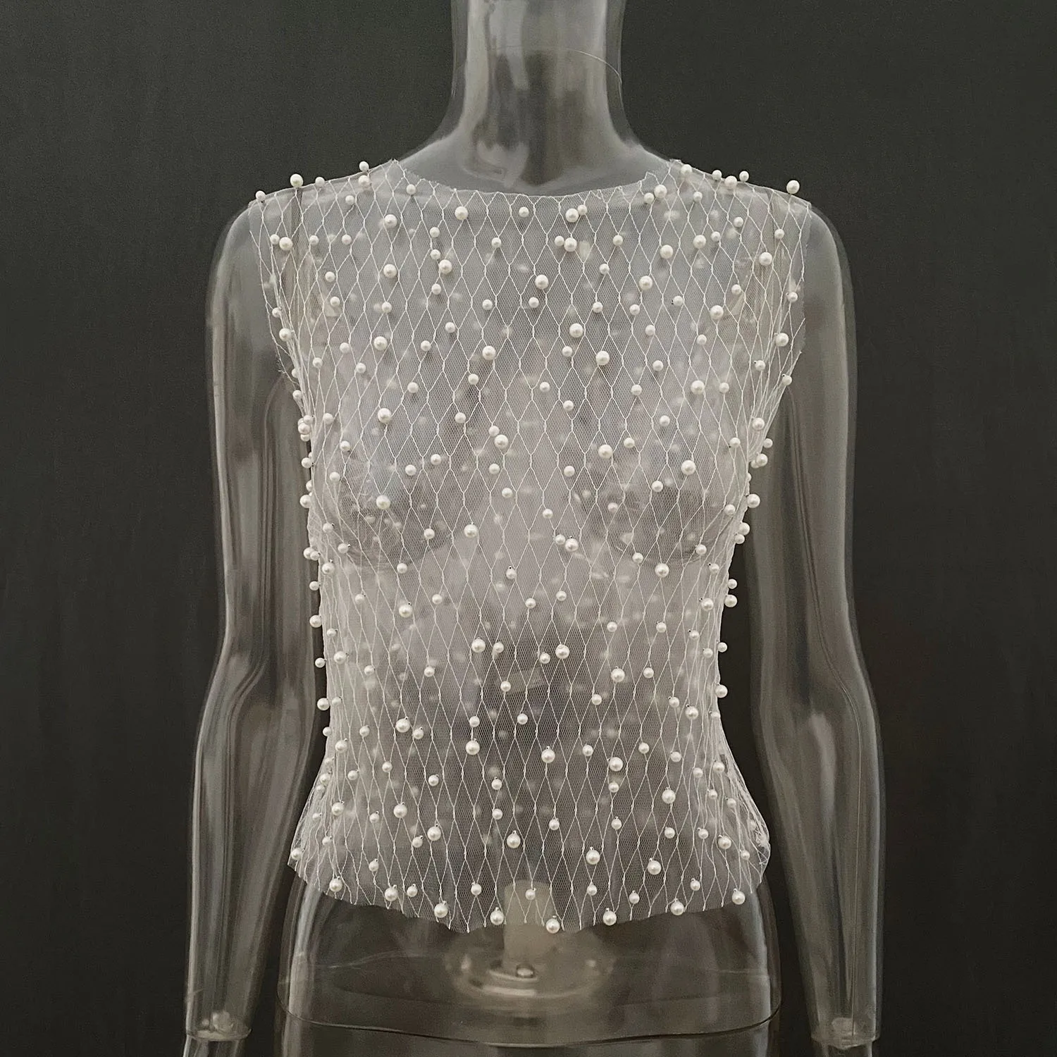 Ootddress Pearl Mesh See-Through Women Tank Top Sexy Sleeveless Round Neck Losse Summer Short T-shirt Female Y2K Fashion Vest 2025