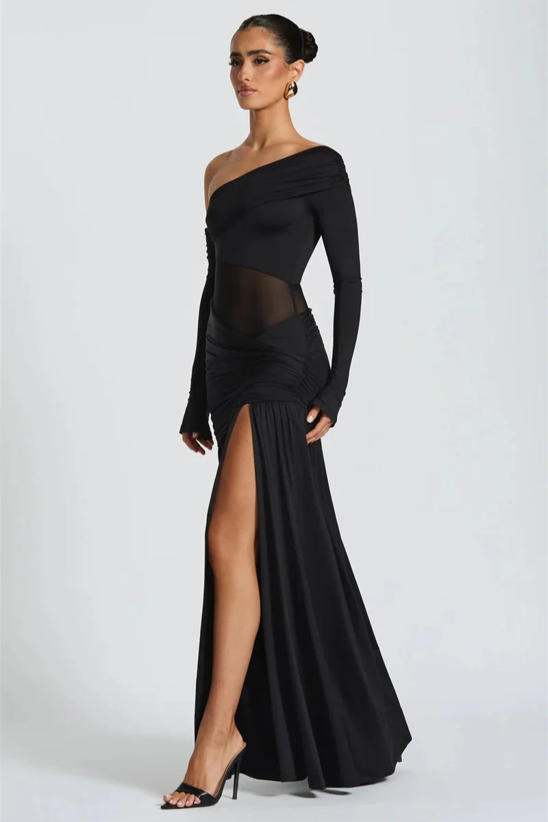 Off Shoulder Long Sleeve Mesh Panel Ruched High Split Maxi Dress