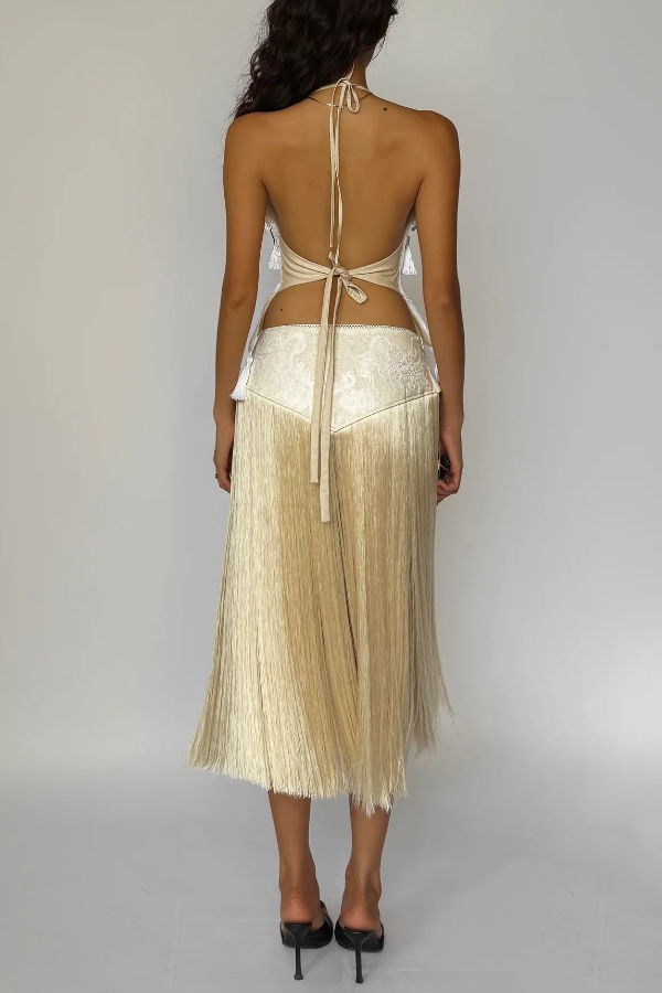 Stylish Halter Neck Lace Up Tassel Pendant Backless Top