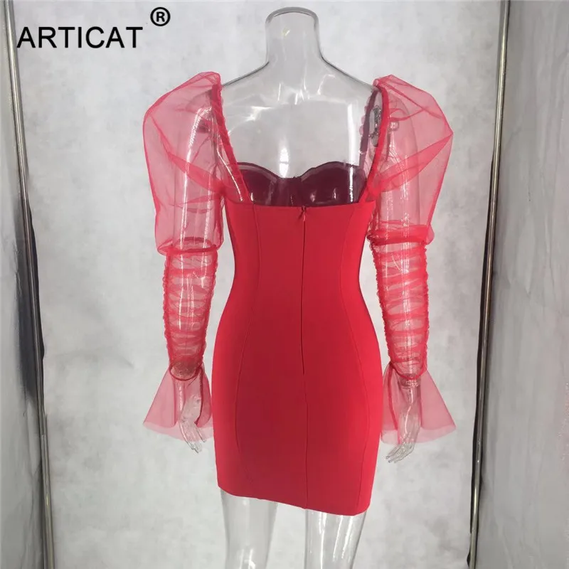 Ootddress Sexy Mesh Puff Sleeve Party Dress Women Low Collar Backless Patchwork Red Mini Dress Nightclub 2020 Spring Vestidos
