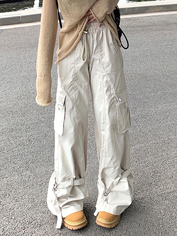Vintage Big Pocket Drawstring Buckle Design Cargo Pants