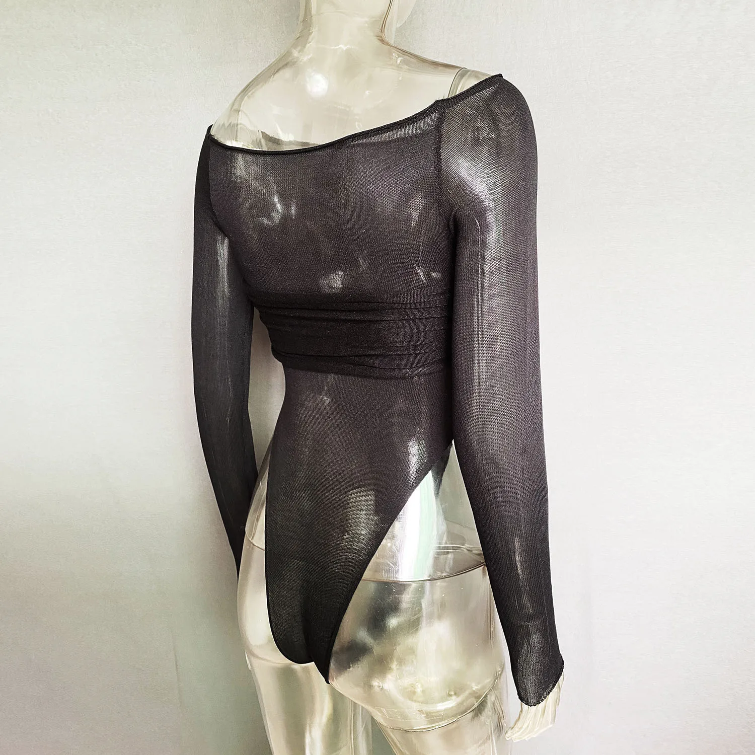 Ootddress Off Shoulder Knit Sheer Tops For Women Summer White Lace Twist T-Shirt Femme Long Sleeve Mesh Tops See-Through Knitted