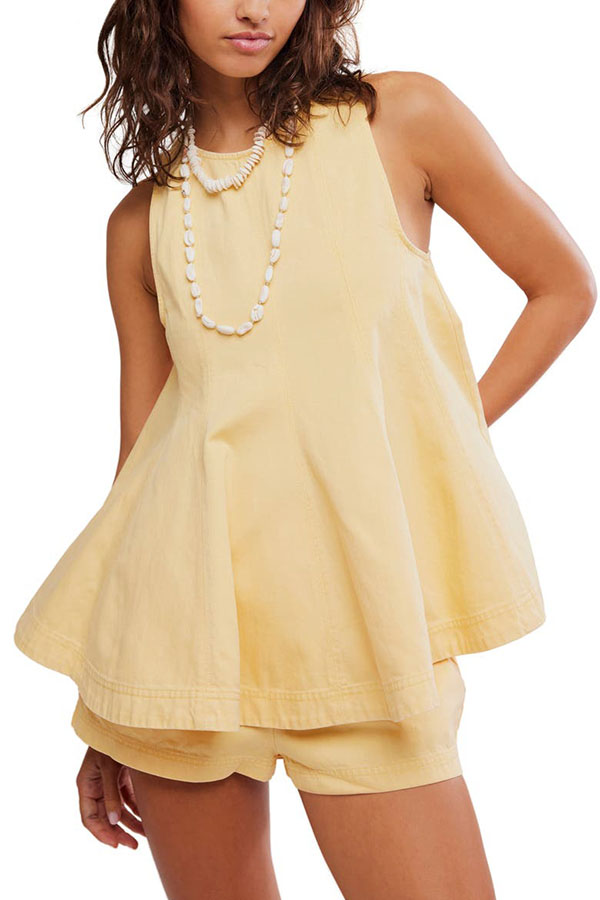 Comfy Enough Denim Sleeveless Flare Hem Top and Elastic Waist Pocket Shorts Set