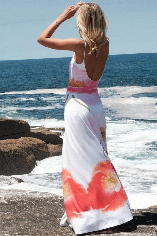 Spaghetti Strap Scoop Neck Oversized Floral Placement Print Maxi Dress