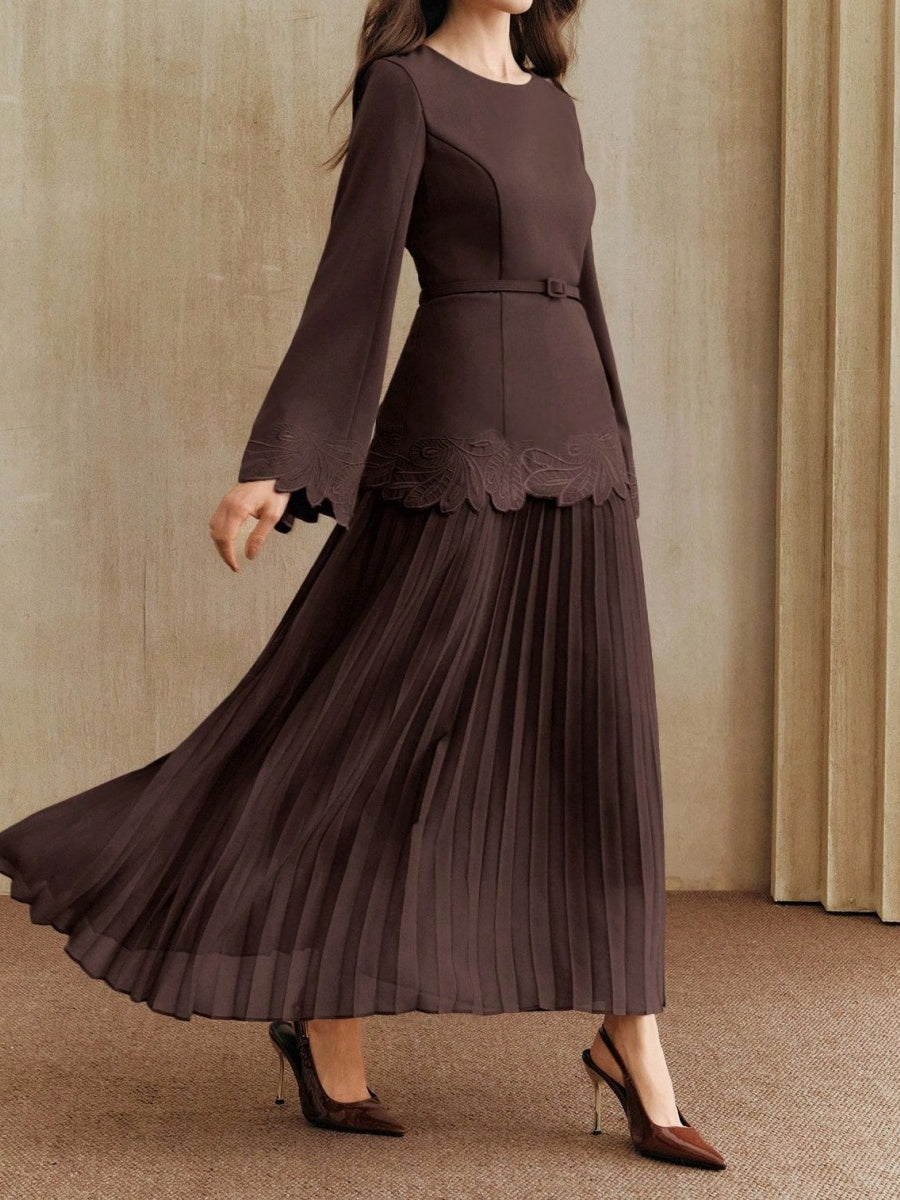 Applique Including Belt Pleats Maxi Dresses