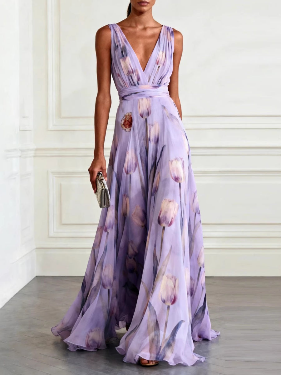 Floral Printed Parties V-neck Sleeveless Maxi Dresses