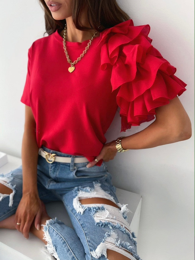Ruffled Short-sleeved Crew Neck T-shirt