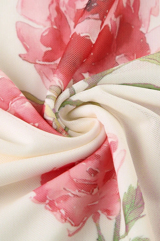 Large Floral Print Ruffle Trim Tie-Front Spaghetti Strap Chiffon Midi Dress