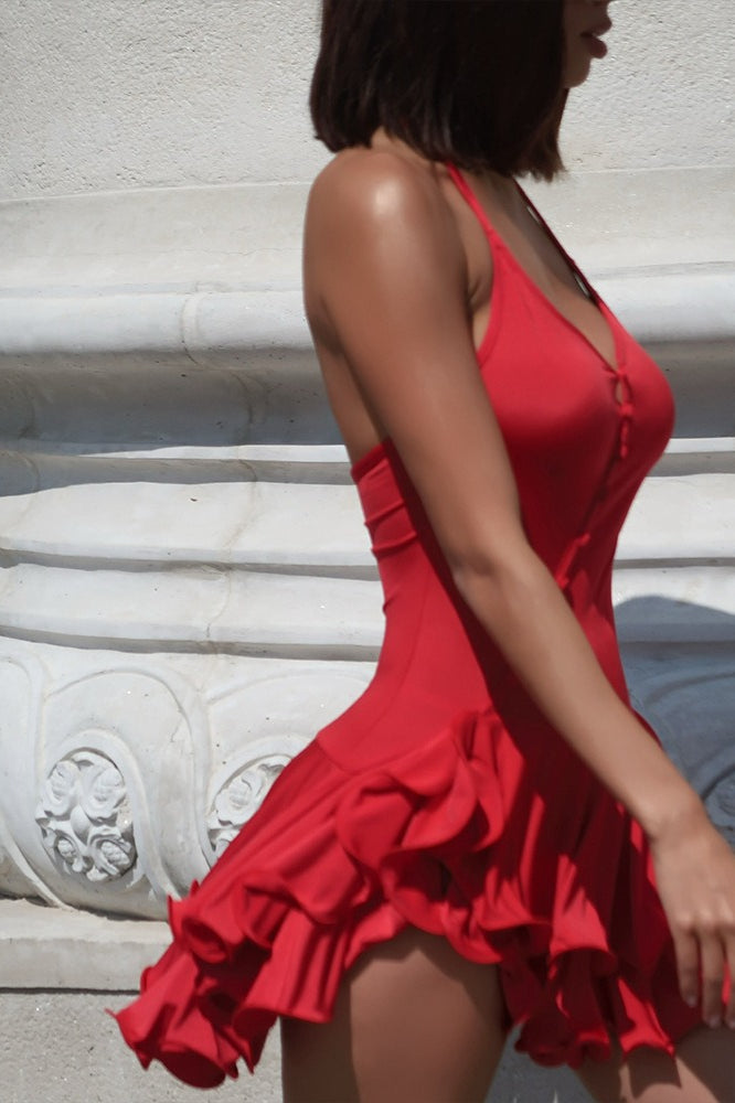Halter Deep V-Neck Button Front Asymmetrical Ruffle Hem Mini Dress