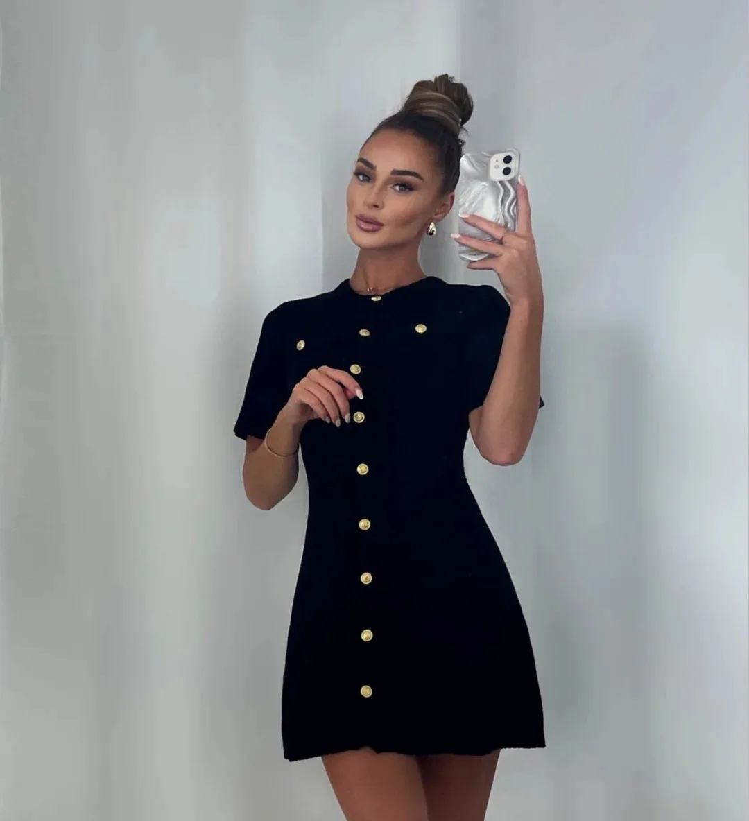 Solid Color Elegant Knitted Mini Dress For Women Metal Button Sexy Slim Rib Sweater Dress Holiday Party Outfits Spring 2025 New