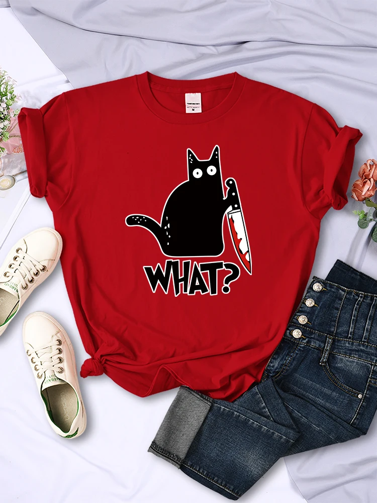 Kitchen Knife Black Cat Wha? Print Female Short Sleeve Fashion Breathable T-Shirts Summer Cool Tee Clothes Street Hip Hop Tops