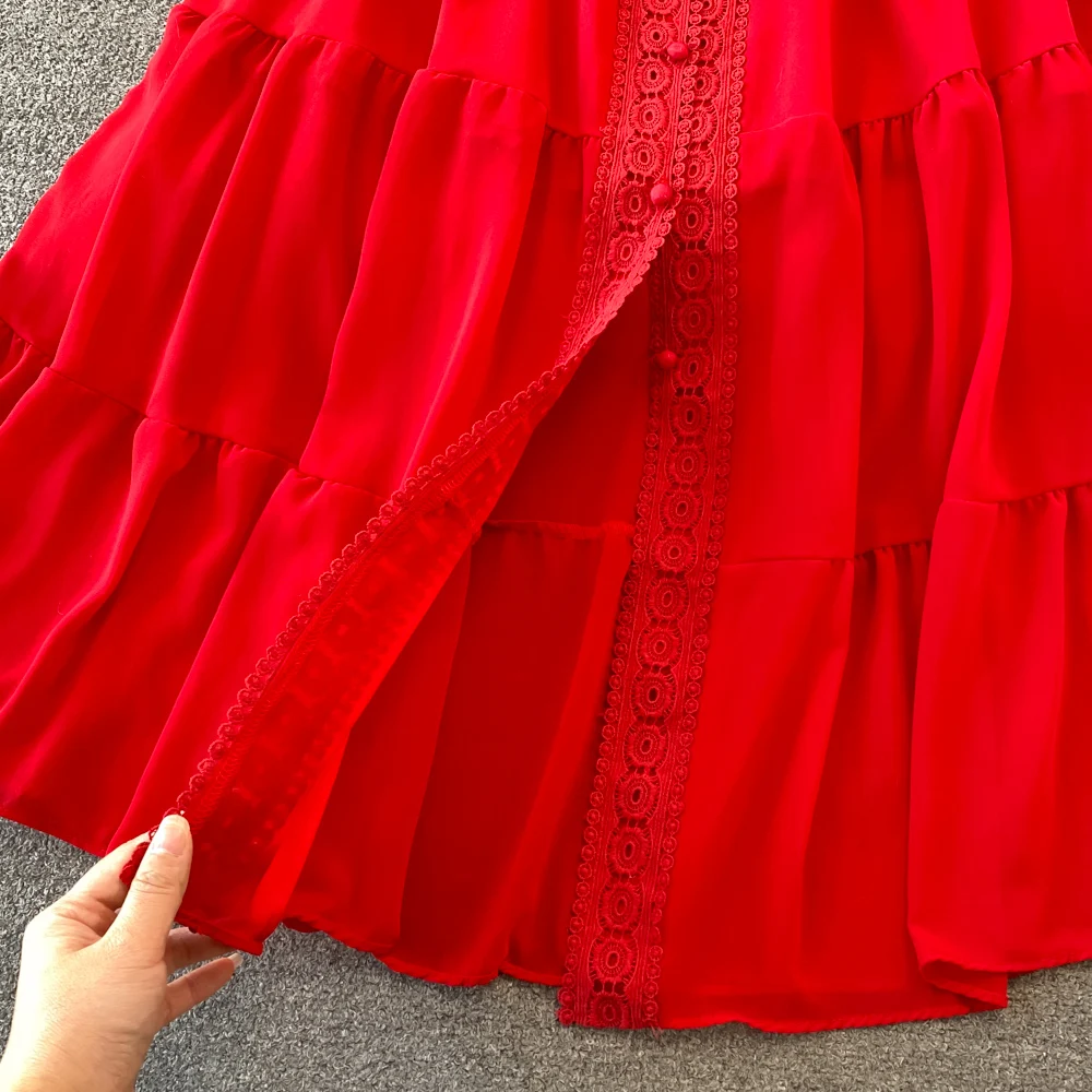 New Women Vintage Party Dress Summer Puff Sleeve Sexy V Neck Lace Single-breasted Long Dresses Ladies A Line Elegant Long Robe 14 New Women Vintage Party Dress Summer Puff Sleeve Sexy V Neck Lace Single-breasted Long Dresses Ladies A Line Elegant Long Robe
