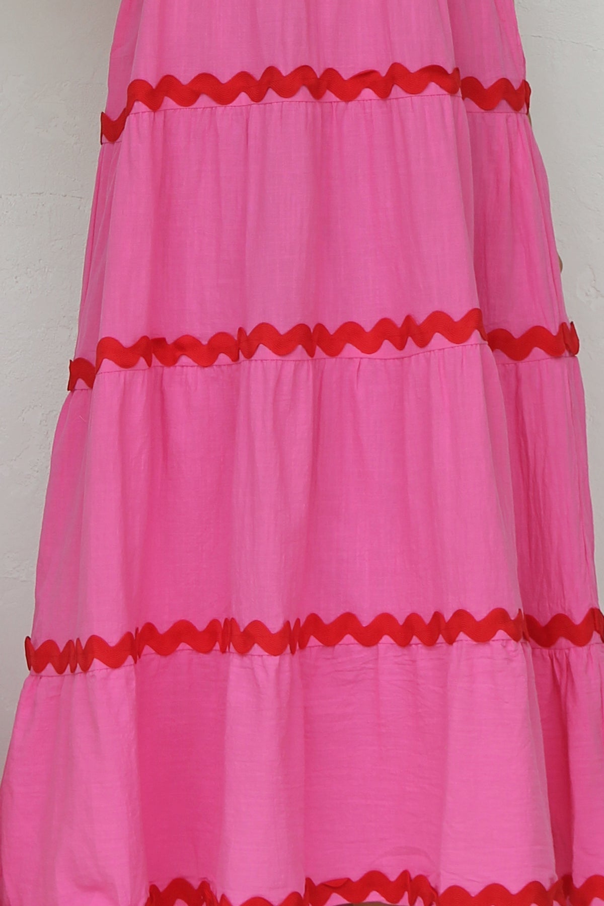 Square Neck Wide Strap Tiered Ric Rac Trim Midi Dress