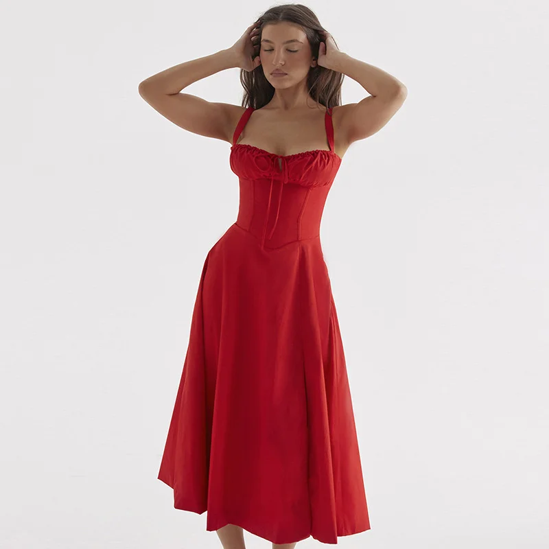 Ootddress Elegant Backless Split Midi Dress For Women Robe Spaghetti Strap Sleeveless Lace-up Pleated Party Long Dress Vestido