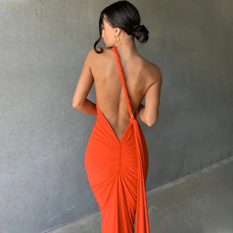 Ootddress Oblique Shoulder Backless Maxi Dress For Women Gown Summer Back Strap Sleeveless Ruched Party Sexy Long Dress Vestidos