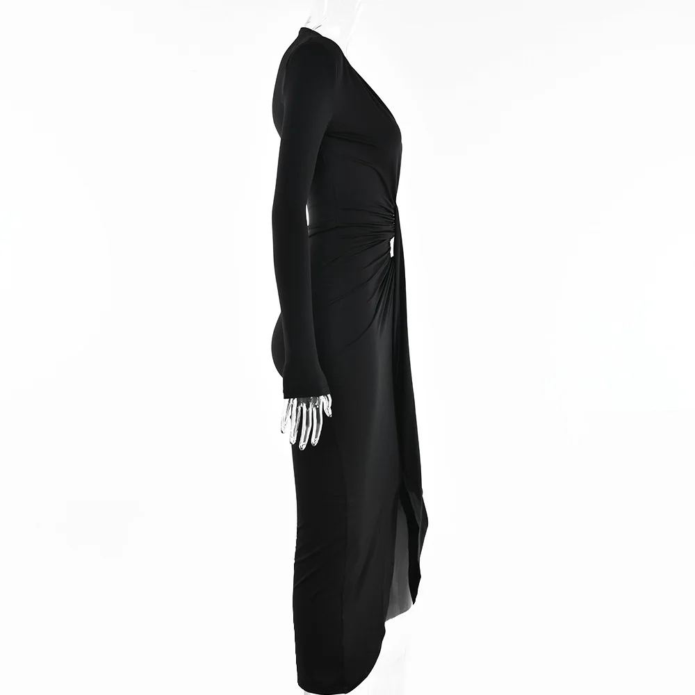 Ootddress Elegant Deep V Neck Full Sleeve Long Dress For Women Robe Fashion Autumn New Irregular Ruched Bodycon Midi Dress
