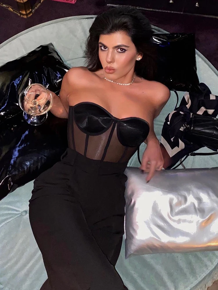 Ootddress Mesh Chest Cup Bra Corset Tops Women Black Off Shoulder Back Lace Up Crop Top High Street Slim Vest Y2K Uderbrust Corsets