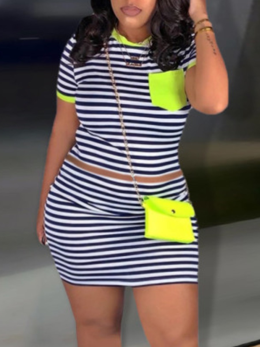 Plus Size Street Striped Pocket Design Black Two-piece Skirt Set Casual Regular Sleeve O Neck Women Clothings Lady Outfits