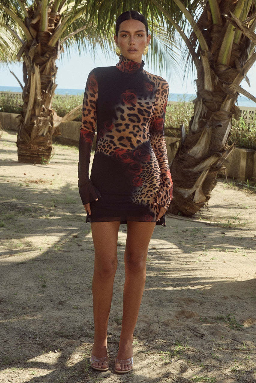 Print Floral Mock Neck Long Sleeve Sheer Bodycon Mini Dress