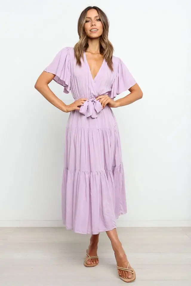 Trendy Solid Color Ruffles Long Dresses Women Sexy V-neck Ruffle Sleeves Leace-up Temperament Elegant Lady Dress 2025 Summer New 33 undefined