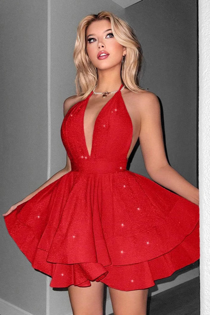 Halter Deep V Glitter Tiered Ruffle Waistband Mini Dress