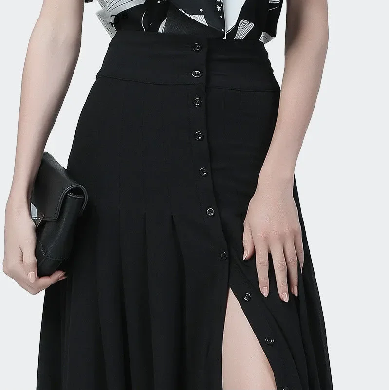 Elegant Mid-length Skirt All-match High-waist Sexy Button Slit Mesh Long Gauze Skirts for Women Summer Pleated Skirts Black 6 Elegant Mid-length Skirt All-match High-waist Sexy Button Slit Mesh Long Gauze Skirts for Women Summer Pleated Skirts Black