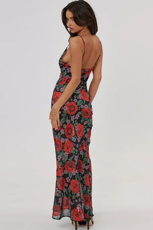 Floral Print Spaghetti Strap Scoop Neck Bodycon Maxi Dress