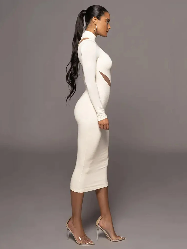 Ootddress Autumn/Winter Long Sleeve Mesh Patchwork Dress Women's Perspective Bodycon Midi Dress Female Elegant Party Evening Dress