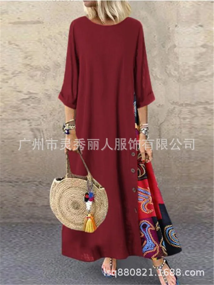 Cotton Linen Vintage Long Dresses Women Three Quarter Sleeves Splicing Print Loose A-line Dress Fashion Casual Lady Maxi Vestido 19 undefined