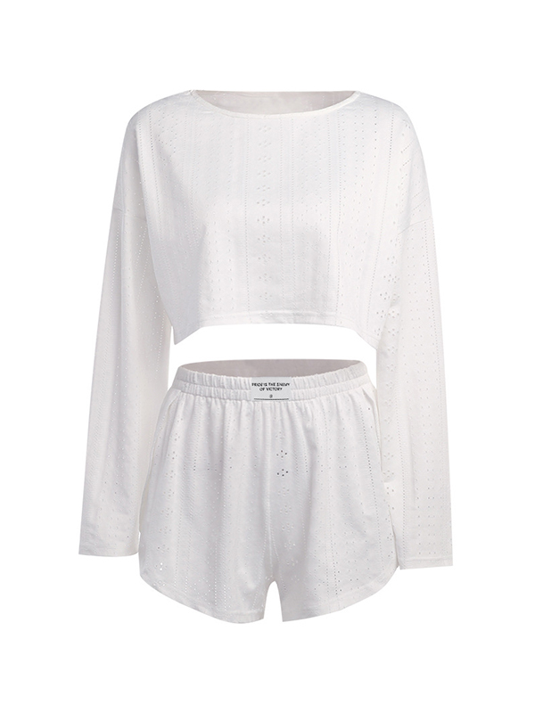Solid Cutout Loose Long Sleeve Tee & Shorts Set