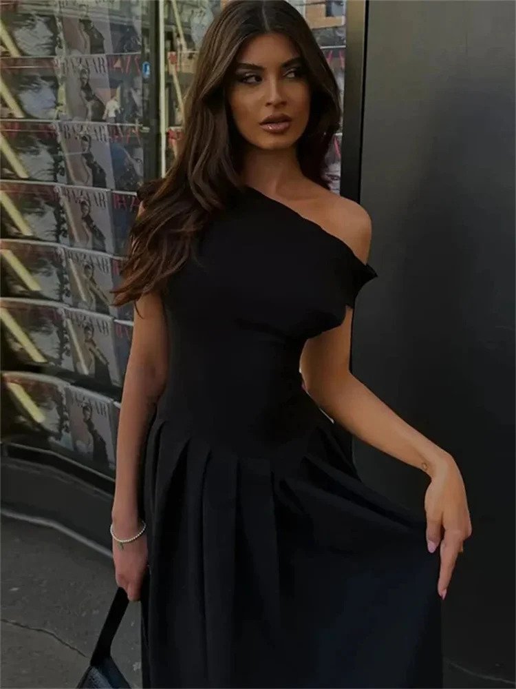 Ootddress Black Off-Shoulder Autumn Long Dress For Women High Waist Patchwork Slim Sexy One-Shoulder Party Dress Female Maxi Dress