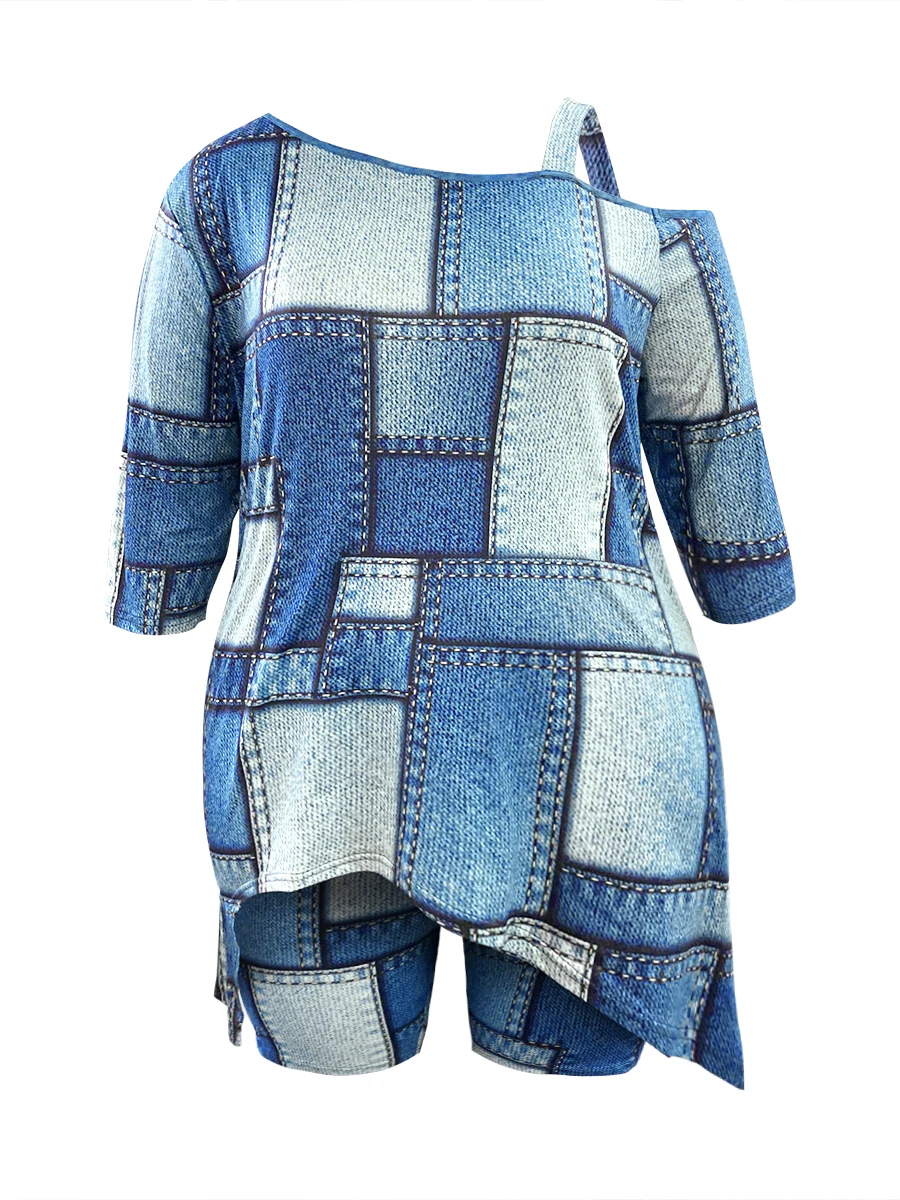 Plus Size Women's Casual Outfits Two Piece Set Plus Plain One Shoulder Asymmetrical Hem Top