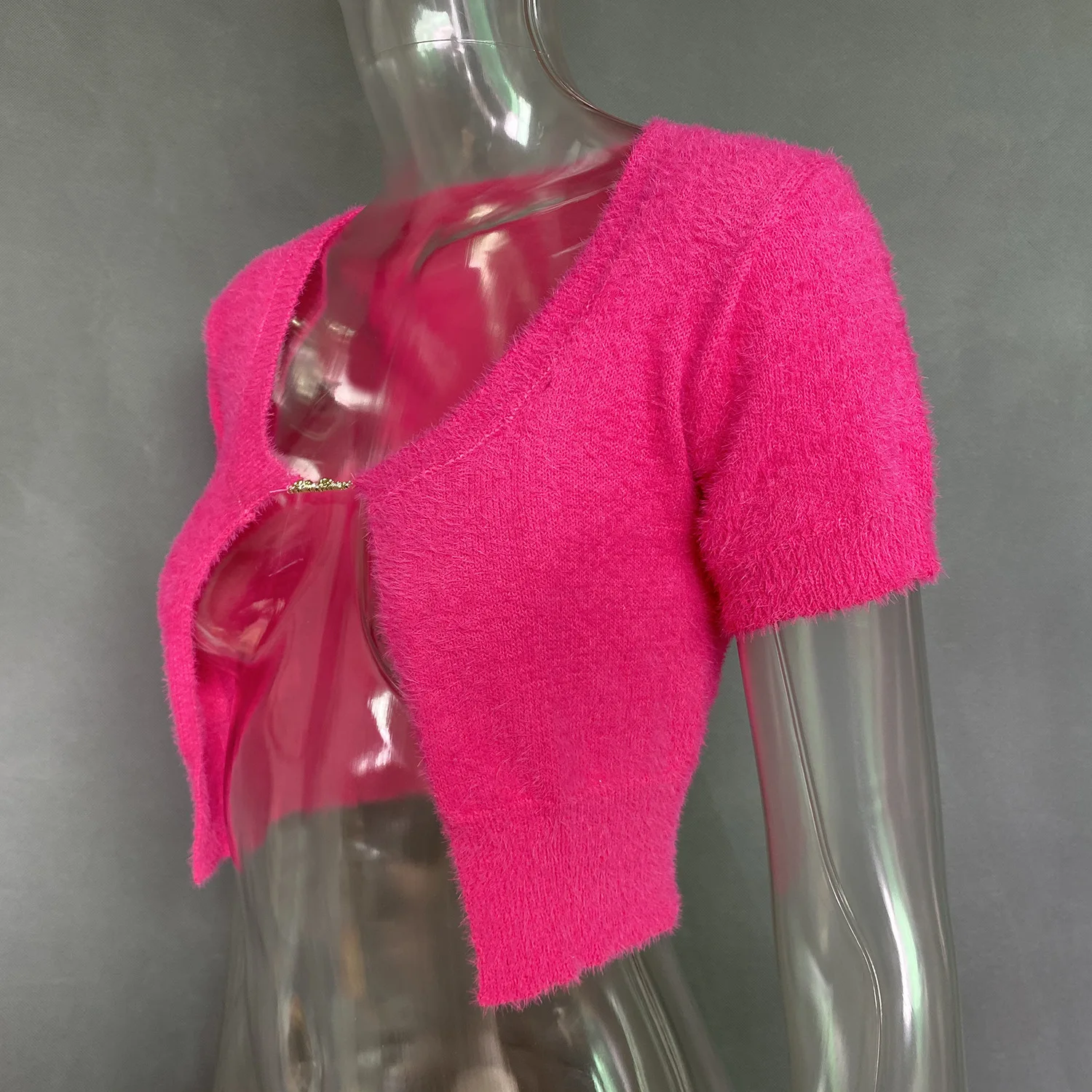 Ootddress Chic Mini Cropped Cardigan Tops Sweater Short Sleeve Knit Mohair Lady Fashion Letters Chain Tank Tops For Women New 2025