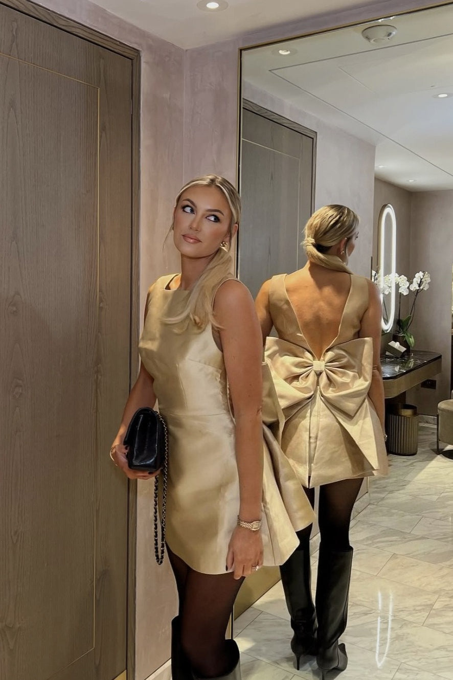 Square Neck Sleeveless Structured Satin Bow Back A-Line Mini Dress