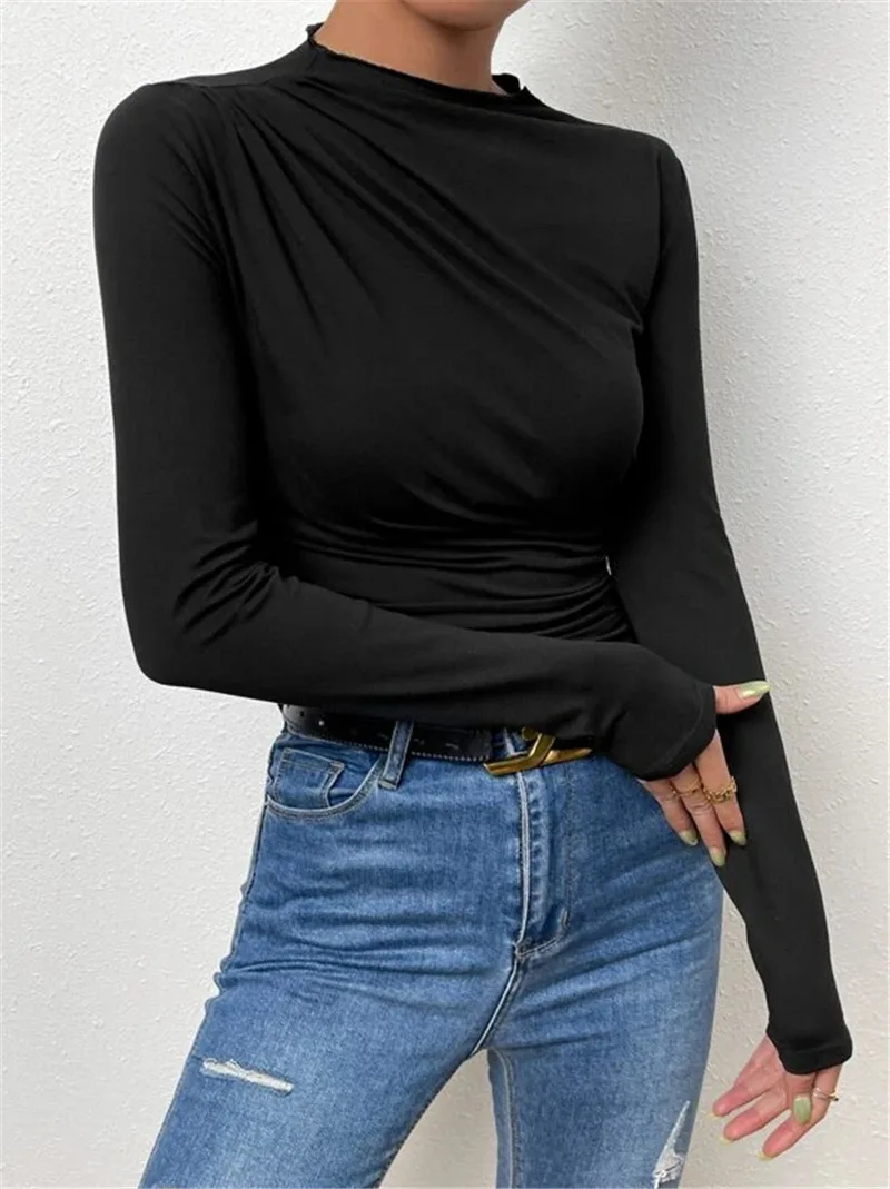 Ootddress Solid Casual Pleated T-shirt For Women Patchwork Long Sleeve High Waist Inner Ruffled Crop top Ladies Vintage Y2k Top Tee 17 Ootddress Solid Casual Pleated T-shirt For Women Patchwork Long Sleeve High Waist Inner Ruffled Crop top Ladies Vintage Y2k Top Tee