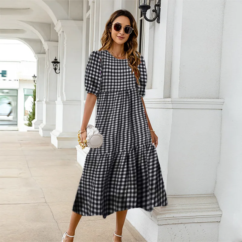 2025 Summer New Women's Print Dress Puff Short Sleeves Ruffles Loose A-line Midi Dresses Fashion Casual Beach Vacation Vestidos 14 undefined