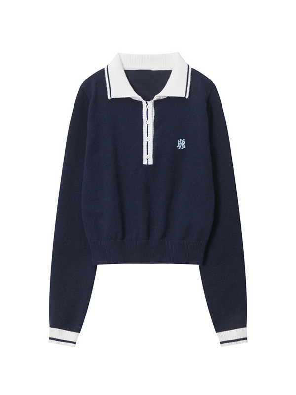 Preppy Letter Embroidery Lapel Neck Long Sleeve Knit