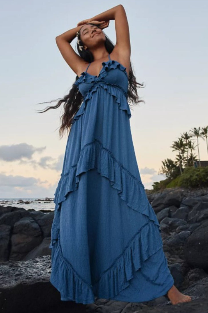Halter Back Tie Tiered Ruffle Maxi Skirt Two Piece Set
