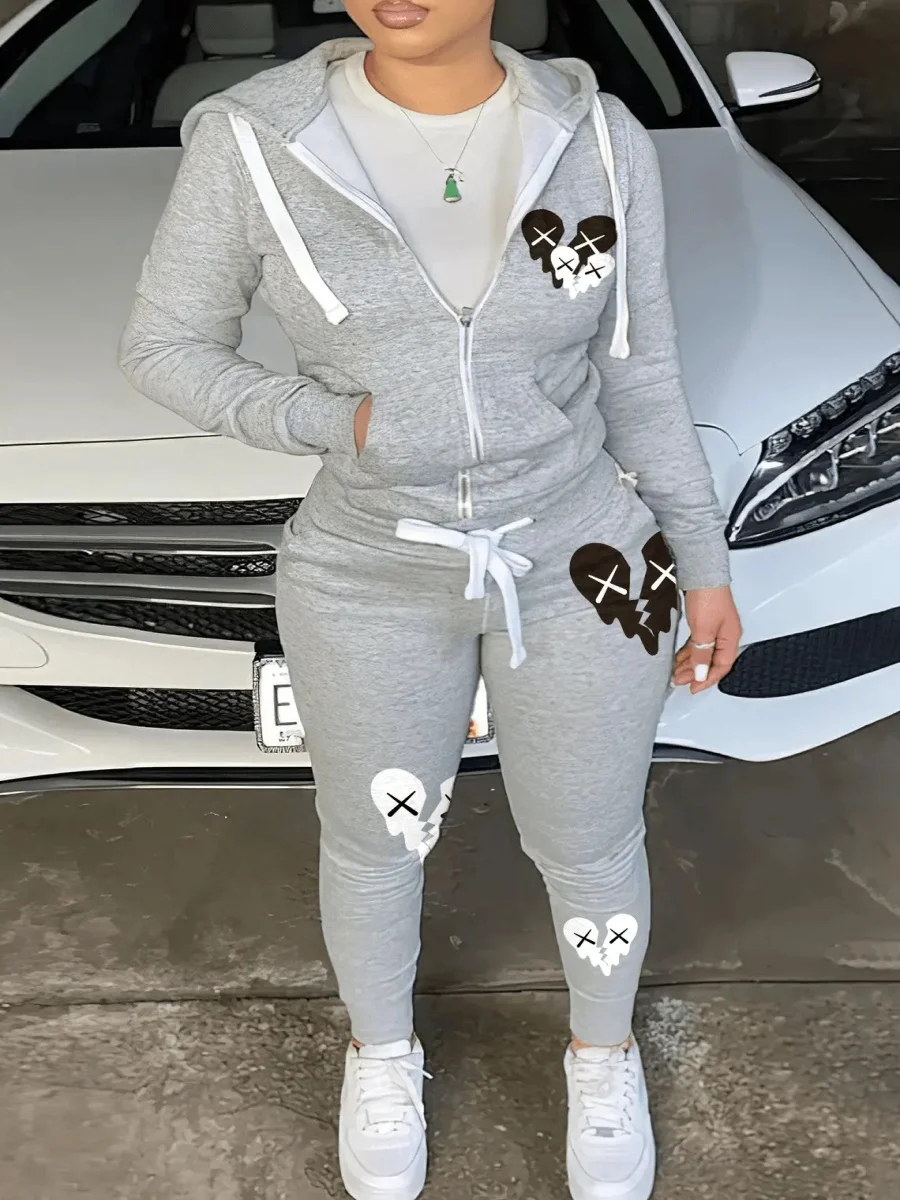 Simple Two Piece Set Women Casual Sporty Long Sleeve Zipper Design Top Hooded Collar Broken Heart Print Female Tracksuit Set
