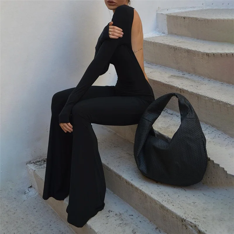 Ootddress Backless For Women Black Jumpsuit Long Sleeve Slim Casual Fashion Rompers High Street Female Solid Bodycon Jumpsuit 2025