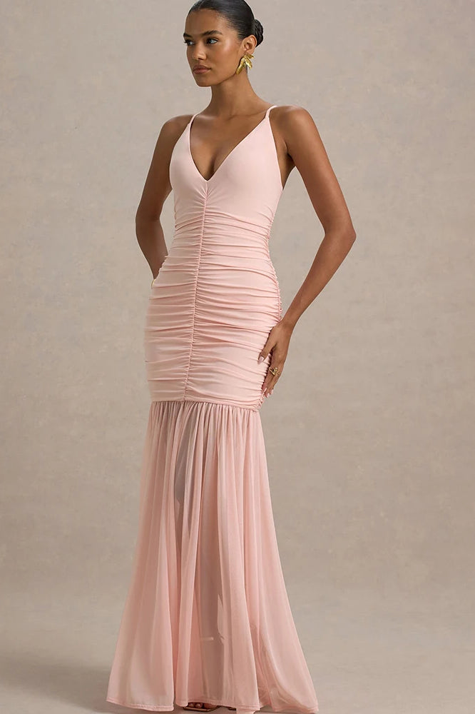 Deep V-Neck Spaghetti Strap Ruched Sheer Mesh Skirt Maxi Dress