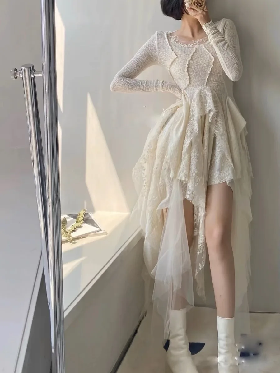 French Vintage Elegant Lace Dress Women 2025 Spring Summer New Irregular Splicing Long Bridesmaid Evening Party Dress Prom Robe