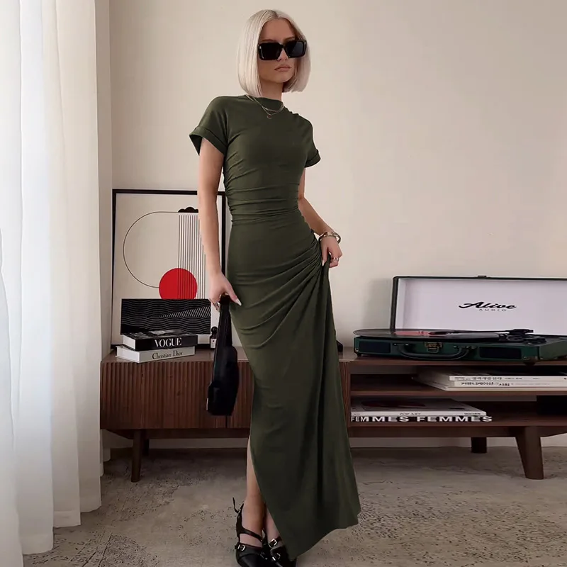 Women's Elegant O Neck Maxi Dress Short Sleeve Slim High Waist Shirring Dress Sexy Side Slit Evening Club Bodycon Dress Lady 22 Women's Elegant O Neck Maxi Dress Short Sleeve Slim High Waist Shirring Dress Sexy Side Slit Evening Club Bodycon Dress Lady