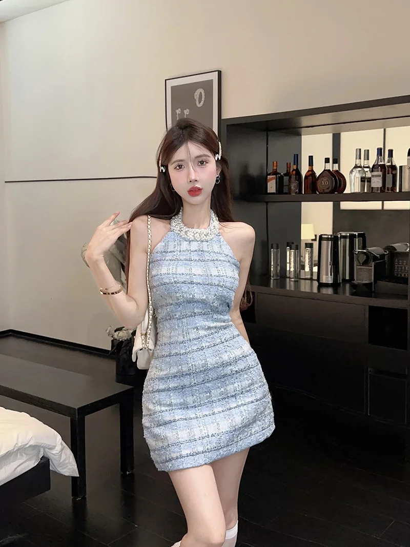 Sexy Halter Mini Dress Women Sleeveless Rhinestone Patchwork Shiny Slim Fashion Backless Evening Party Dresses Club Prom Vestido